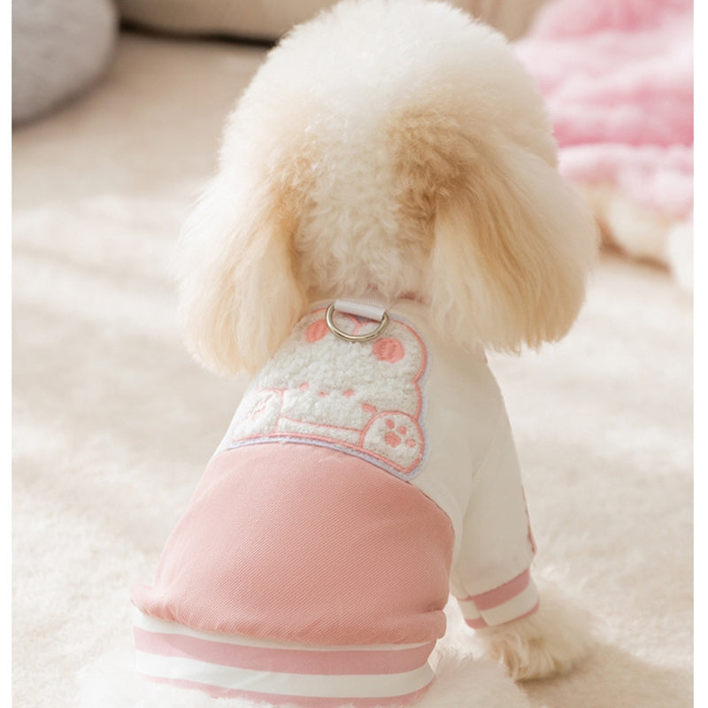 HKM-1266237 Cozy Winter Dog Jacket with Bunny Embroidery and Integrated Leash Ring for Small to Medium Pets