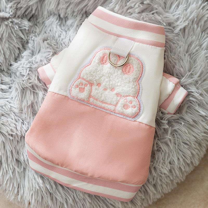 HKM-1266237 Cozy Winter Dog Jacket with Bunny Embroidery and Integrated Leash Ring for Small to Medium Pets