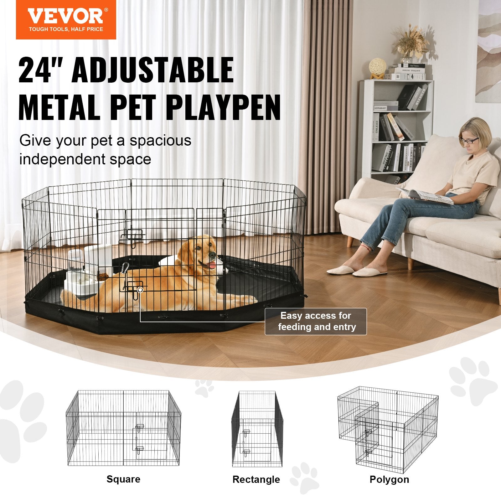 HKM-1269053 Foldable 8-Panel Metal Dog Playpen with Bottom Mat for Indoor and Outdoor Use, 24" High Pet Exercise Enclosure