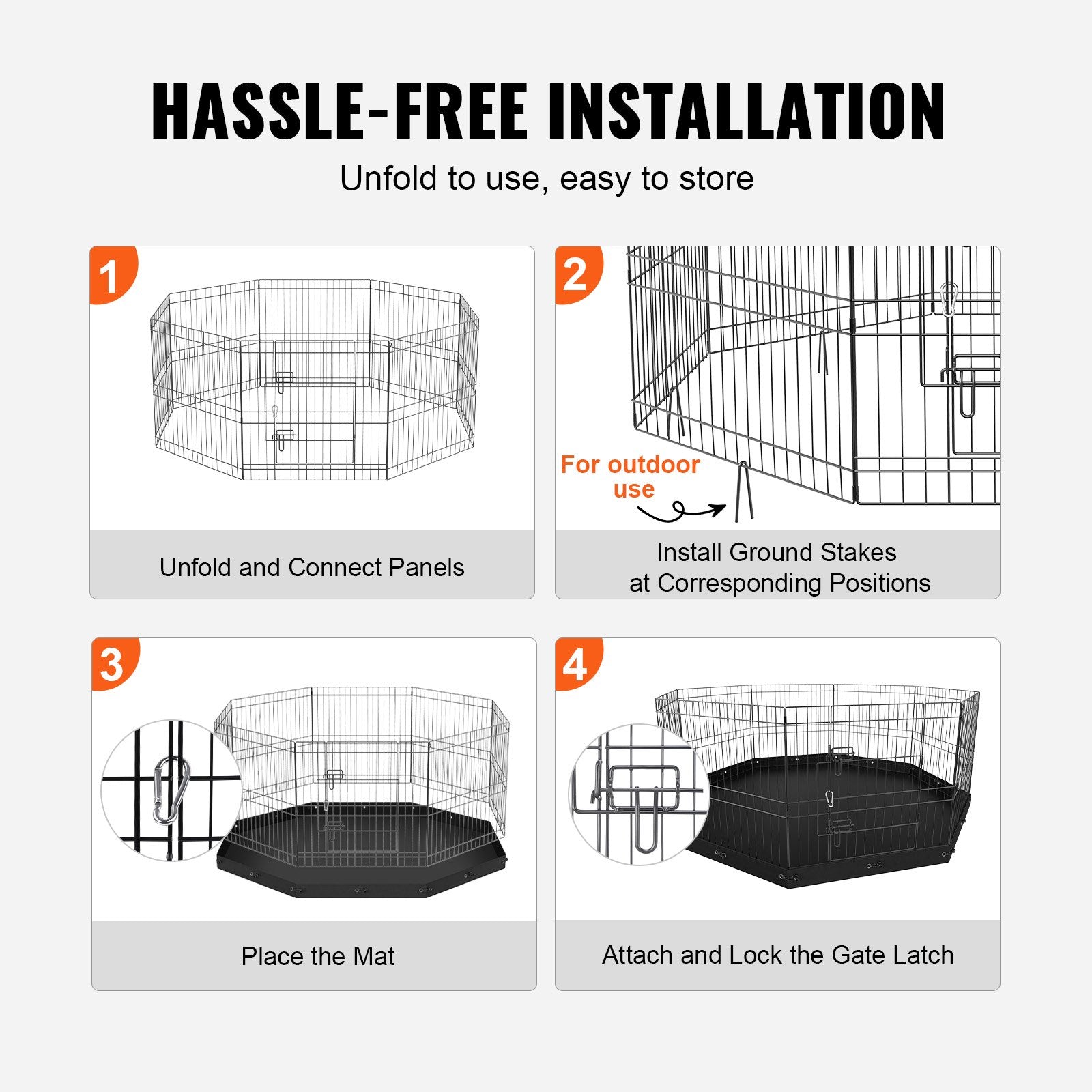 HKM-1269053 Foldable 8-Panel Metal Dog Playpen with Bottom Mat for Indoor and Outdoor Use, 24" High Pet Exercise Enclosure