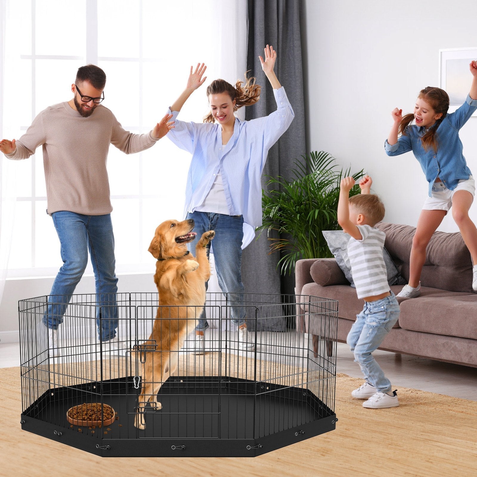 HKM-1269053 Foldable 8-Panel Metal Dog Playpen with Bottom Mat for Indoor and Outdoor Use, 24" High Pet Exercise Enclosure