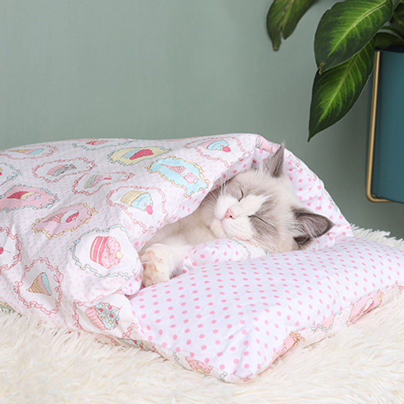 HKM-1271485 Cozy Winter Cat Bed with Removable Washable Quilt for All Seasons