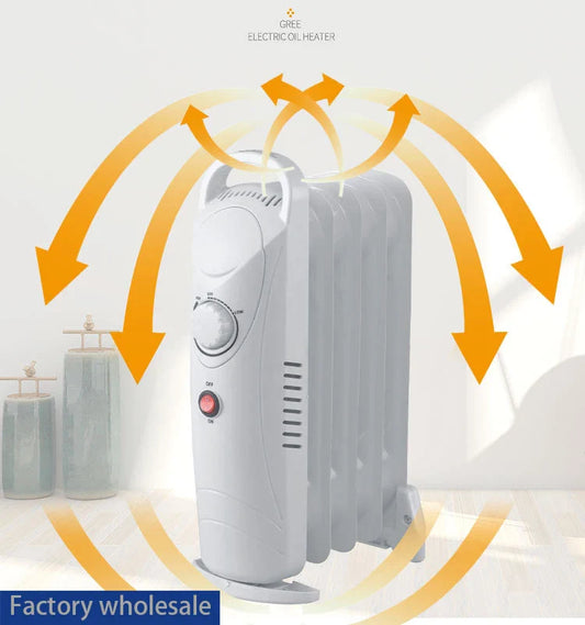 HKM-127187 Compact 12V Oil Filled Radiator Heater with Adjustable Thermostat and Safety Features for Home and Office Use