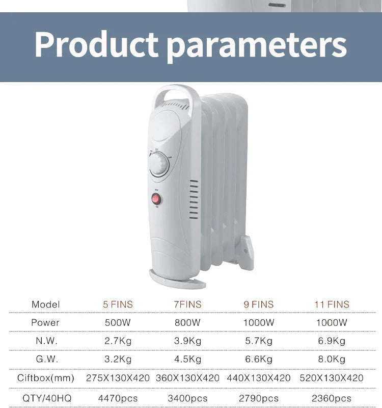 HKM-127187 Compact 12V Oil Filled Radiator Heater with Adjustable Thermostat and Safety Features for Home and Office Use