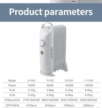 HKM-127187 Compact 12V Oil Filled Radiator Heater with Adjustable Thermostat and Safety Features for Home and Office Use
