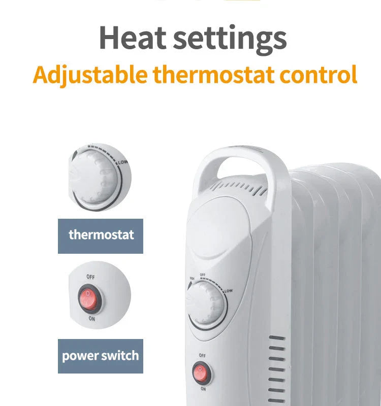 HKM-127187 Compact 12V Oil Filled Radiator Heater with Adjustable Thermostat and Safety Features for Home and Office Use