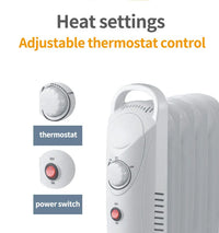 HKM-127187 Compact 12V Oil Filled Radiator Heater with Adjustable Thermostat and Safety Features for Home and Office Use