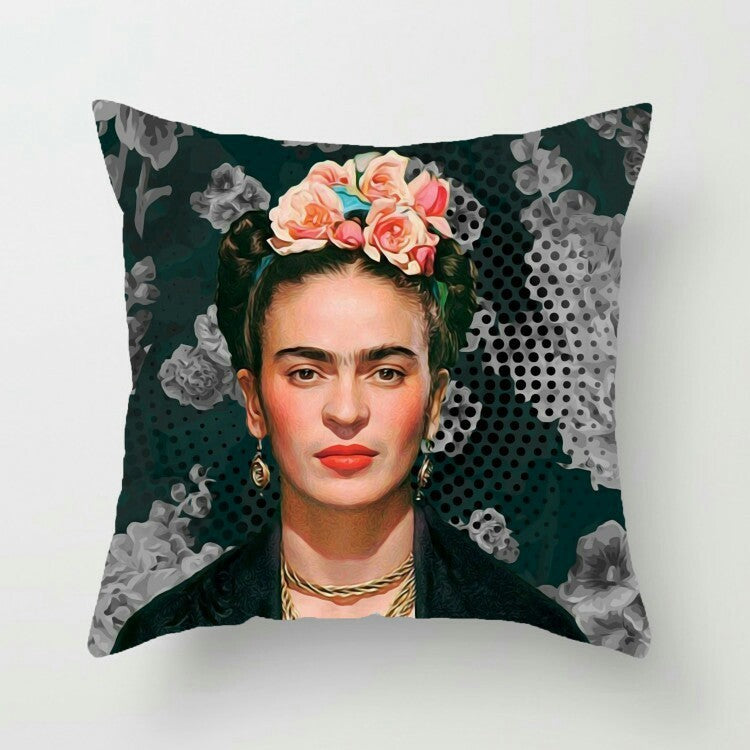 HKM-127379 Frida Kahlo Inspired Digital Print Linen Pillow Cover - 45x45cm