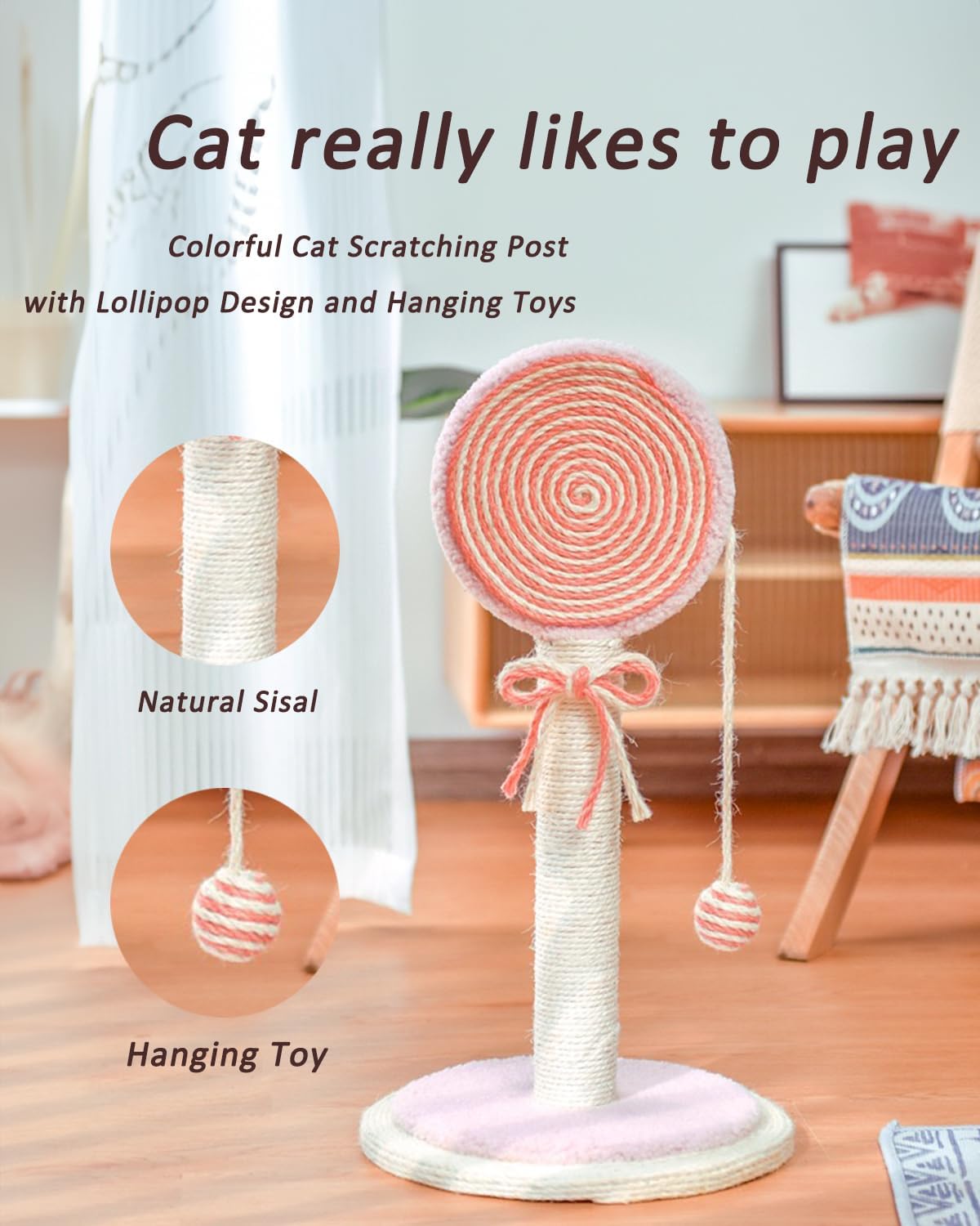 HKM-1274685 Cat Scratching Post with Sturdy Base and Hanging Ball for Indoor Cats - Durable Sisal Rope Design