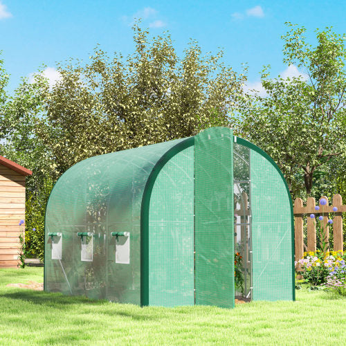 HKM-127571 Spacious Green Polytunnel Greenhouse with Windows and Doors, 3 x 2m, Stainless Steel Frame