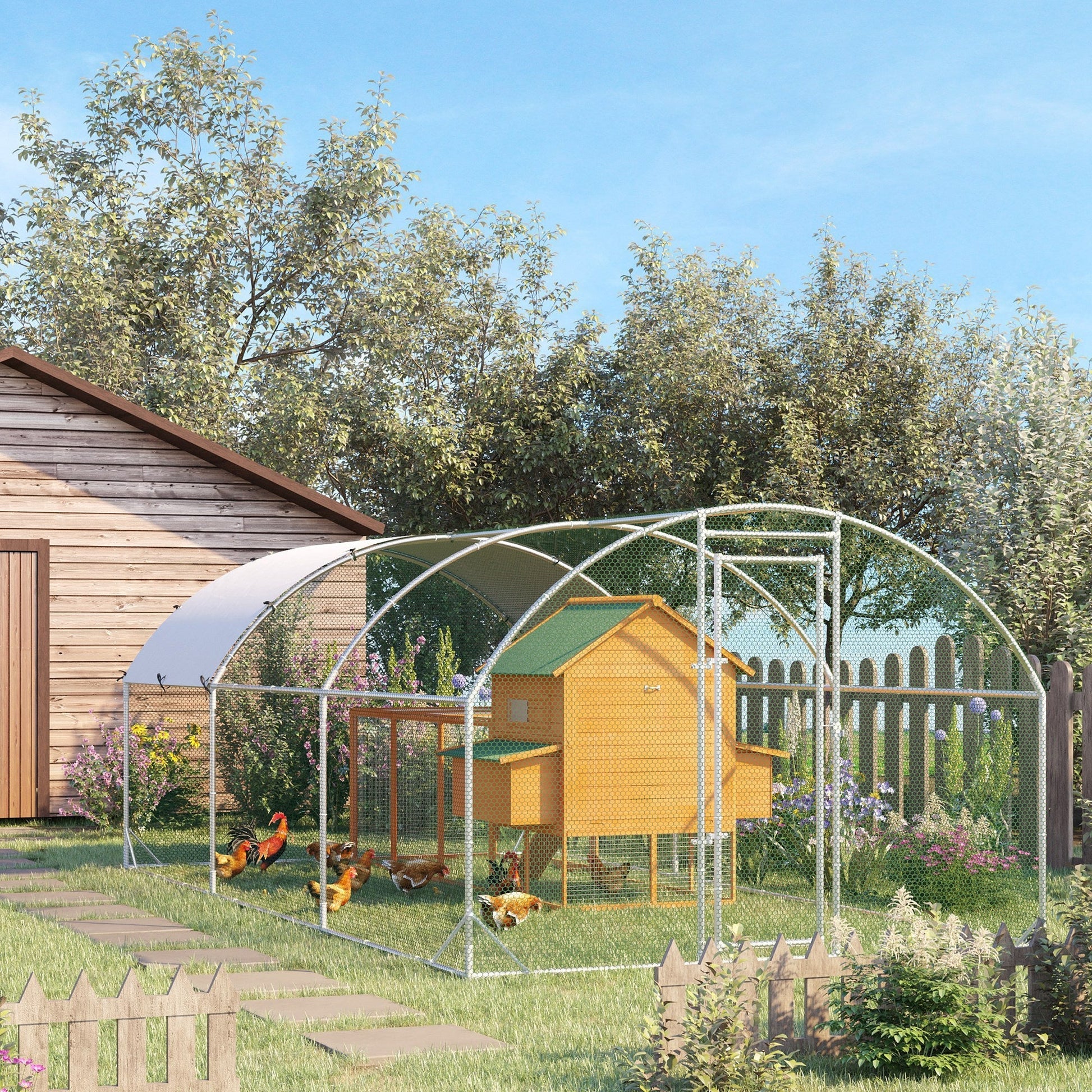 HKM-1276861 Spacious Metal Chicken Coop with Waterproof UV Cover, Dome-Shaped Walk-in Cage for Outdoor Use