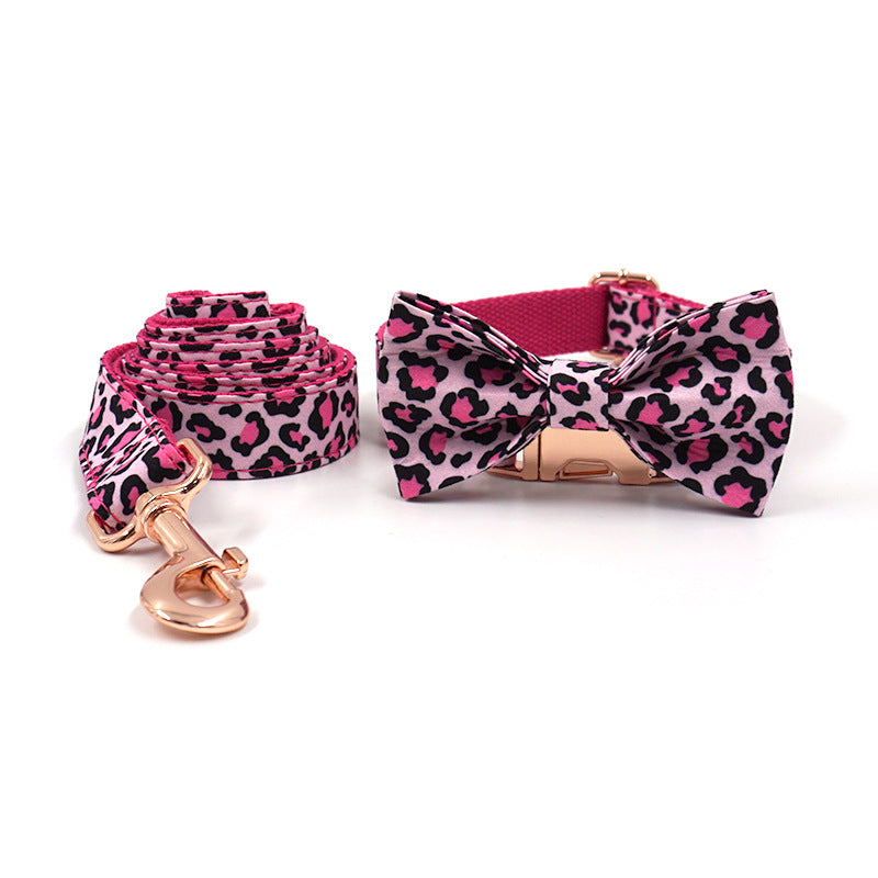 HKM-1276989 Leopard Print Rose Gold Pet Collar with Matching Leash and Bow