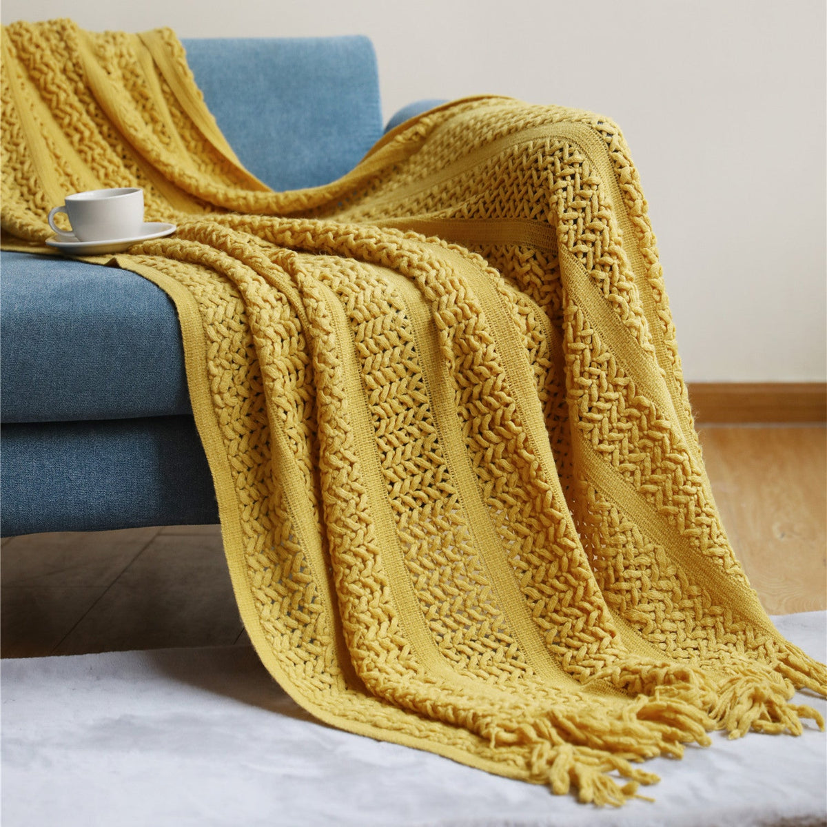 HKM-127891 Cozy Knitted Nordic Blanket with Tassels - Stripes & Patterns, 127x180CM