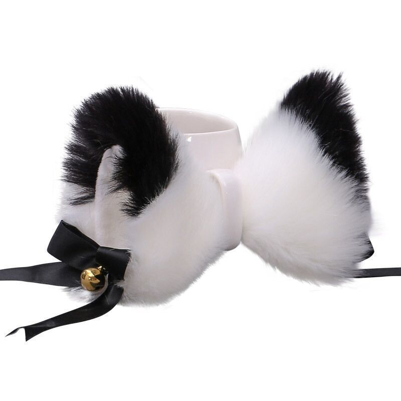 HKM-128147 Cat Ears Hairpin with Bells - Plush Anime Cosplay Hair Accessory in Gray and White