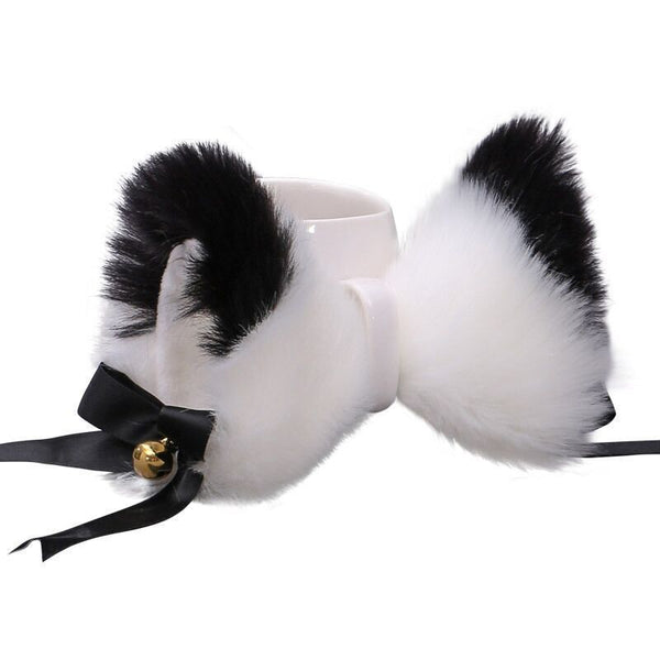 HKM-128147 Cat Ears Hairpin with Bells - Plush Anime Cosplay Hair Accessory in Gray and White