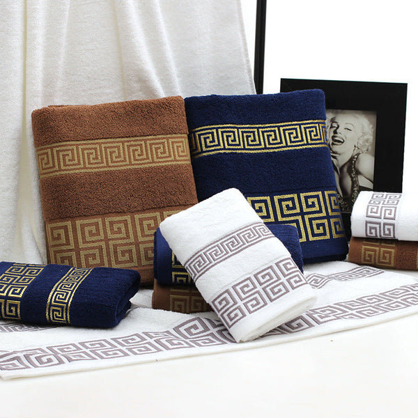 HKM-128147 Three-Piece Luxury Cotton Towel Gift Set in White, Dark Blue, and Brown