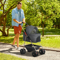 HKM-1284413 3-in-1 Foldable Pet Stroller with Detachable Carrier, Storage Basket & Cupholder for Mini Dogs, Gray