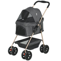 HKM-1284413 3-in-1 Foldable Pet Stroller with Detachable Carrier, Storage Basket & Cupholder for Mini Dogs, Gray