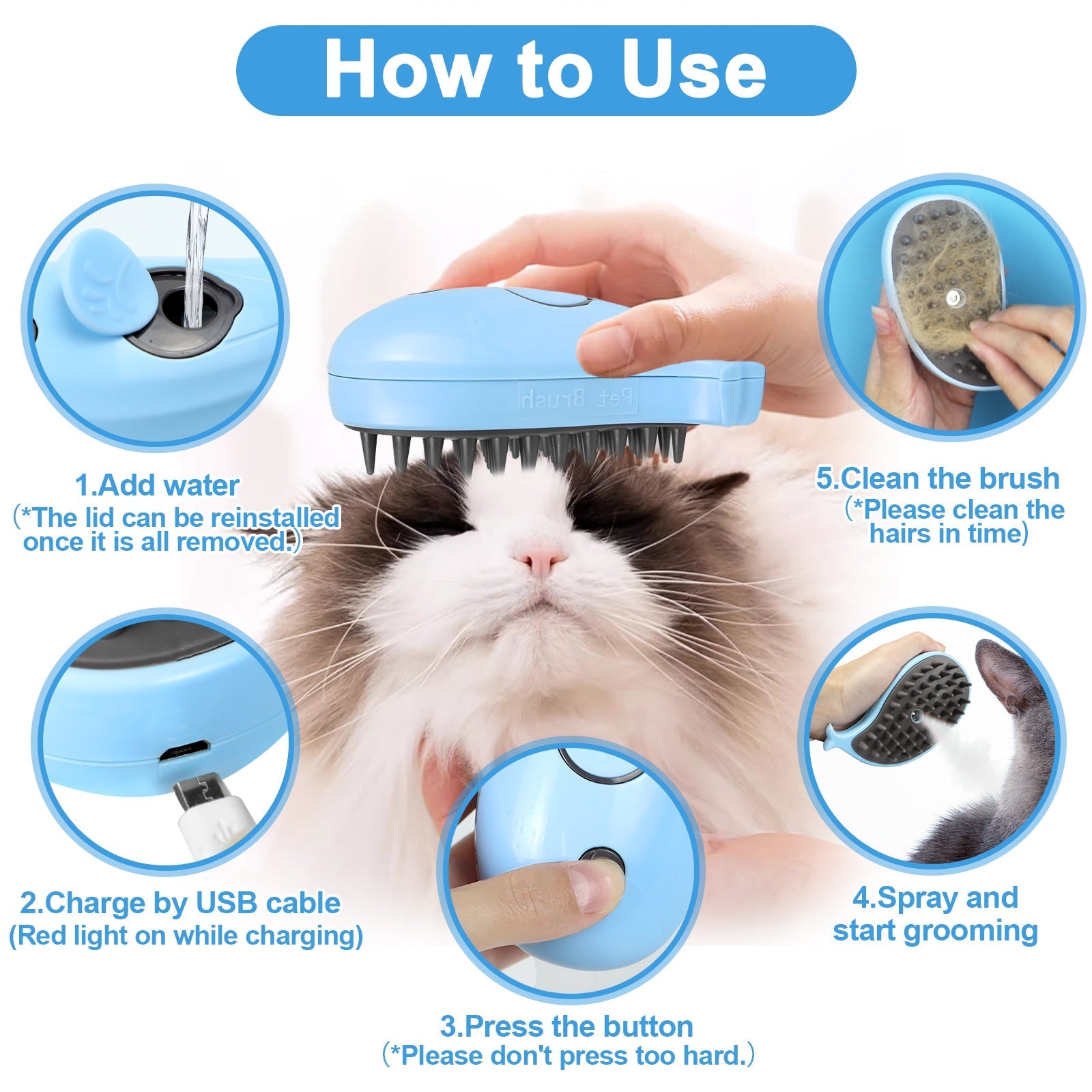 HKM-1284797 Cat Steam Brush for Shedding and Massage - Steamy Grooming Tool for Indoor Cats and Dogs