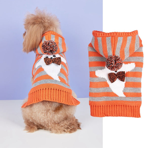 HKM-1286717 Knitted Orange Pet Sweater with Contrast Stripes and Hooded Fur Ball, Cold-Proof Design
