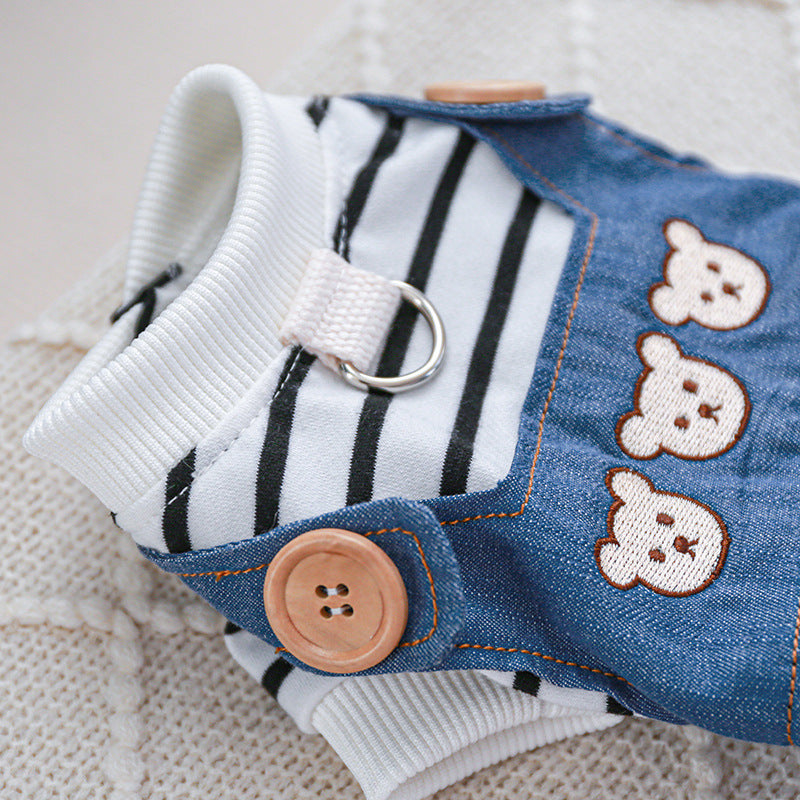 HKM-1287101 Stylish Bear Jeans Black and White Striped Suspender Pants for Pets