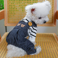 HKM-1287101 Stylish Bear Jeans Black and White Striped Suspender Pants for Pets