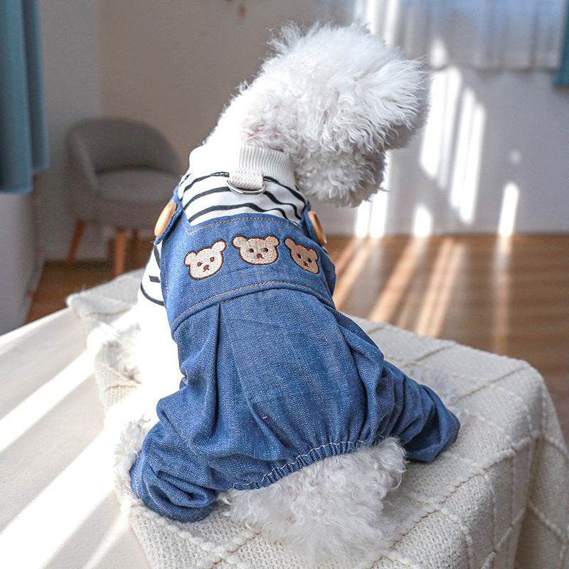 HKM-1287101 Stylish Bear Jeans Black and White Striped Suspender Pants for Pets