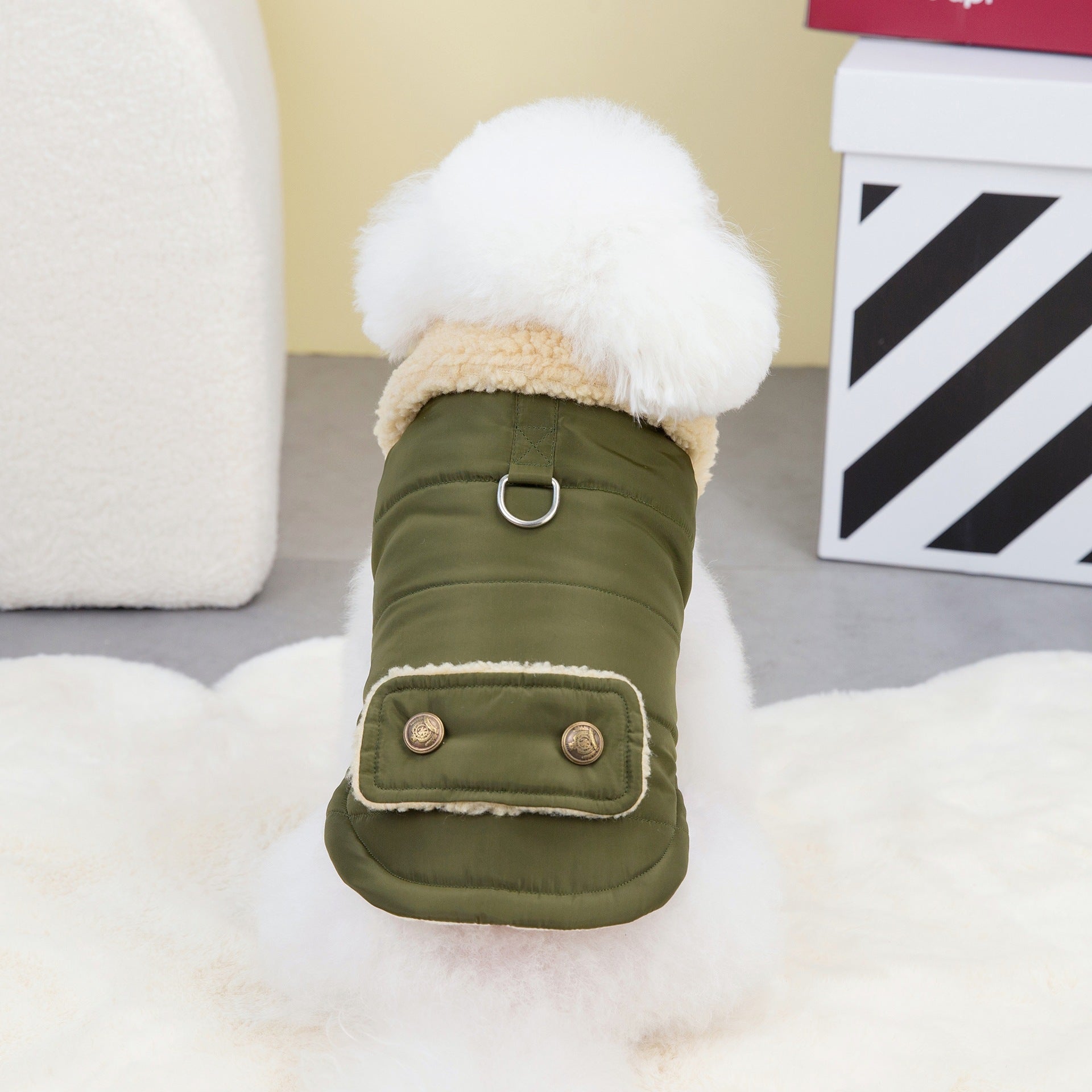 HKM-1294141 Nordic Fur Collar Cotton Vest for Cats – Available in Green and Khaki