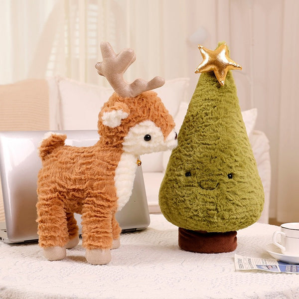 HKM-129683 Plush Cartoon Elk and Christmas Tree Pillows for Holiday Decor