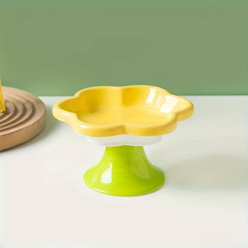 HKM-1297725 Raised Ceramic Cat Bowl with Flower Design for Food and Water, Neck Support, 15.5 x 8.6 cm