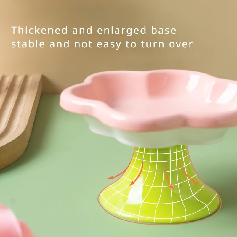 HKM-1297725 Raised Ceramic Cat Bowl with Flower Design for Food and Water, Neck Support, 15.5 x 8.6 cm