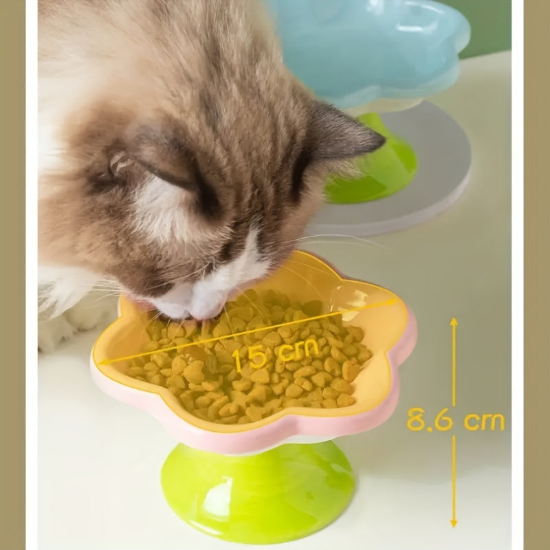 HKM-1297725 Raised Ceramic Cat Bowl with Flower Design for Food and Water, Neck Support, 15.5 x 8.6 cm