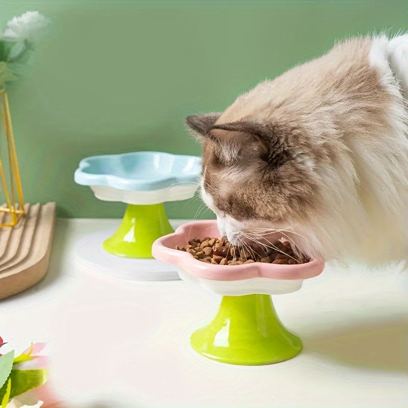 HKM-1297725 Raised Ceramic Cat Bowl with Flower Design for Food and Water, Neck Support, 15.5 x 8.6 cm