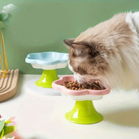 HKM-1297725 Raised Ceramic Cat Bowl with Flower Design for Food and Water, Neck Support, 15.5 x 8.6 cm