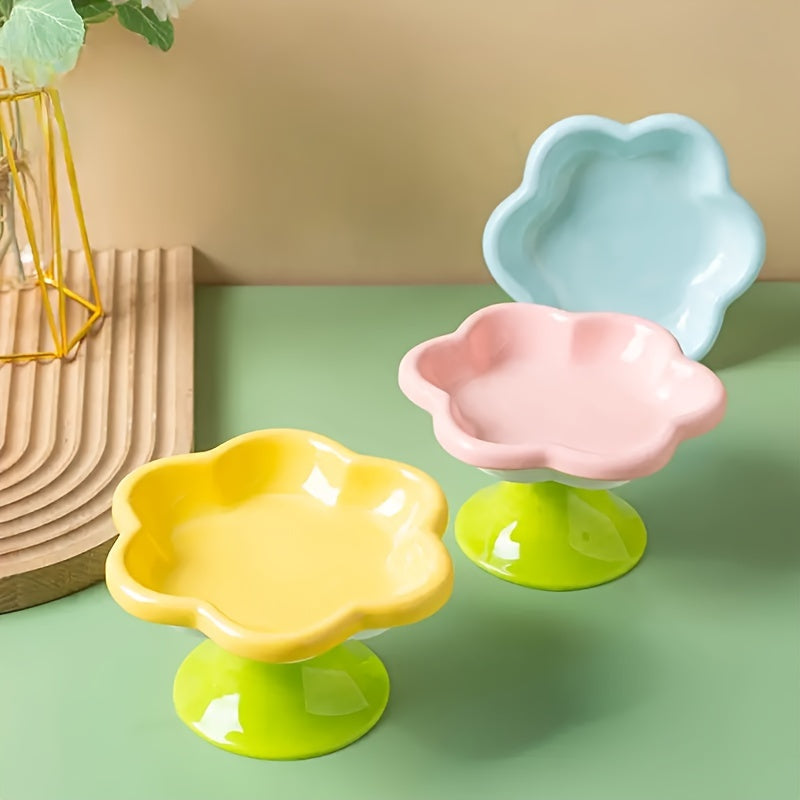 HKM-1297725 Raised Ceramic Cat Bowl with Flower Design for Food and Water, Neck Support, 15.5 x 8.6 cm