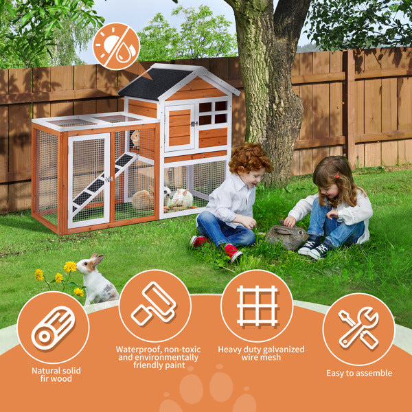 HKM-1298109 Wooden Chicken Rabbit Cage with Run and Removable Upper Tray in Orange-Red