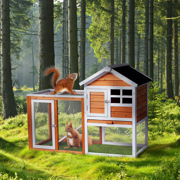 HKM-1298109 Wooden Chicken Rabbit Cage with Run and Removable Upper Tray in Orange-Red