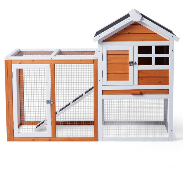 HKM-1298109 Wooden Chicken Rabbit Cage with Run and Removable Upper Tray in Orange-Red