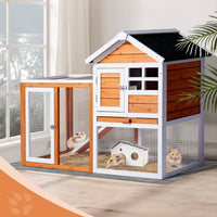 HKM-1298109 Wooden Chicken Rabbit Cage with Run and Removable Upper Tray in Orange-Red