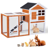 HKM-1298109 Wooden Chicken Rabbit Cage with Run and Removable Upper Tray in Orange-Red
