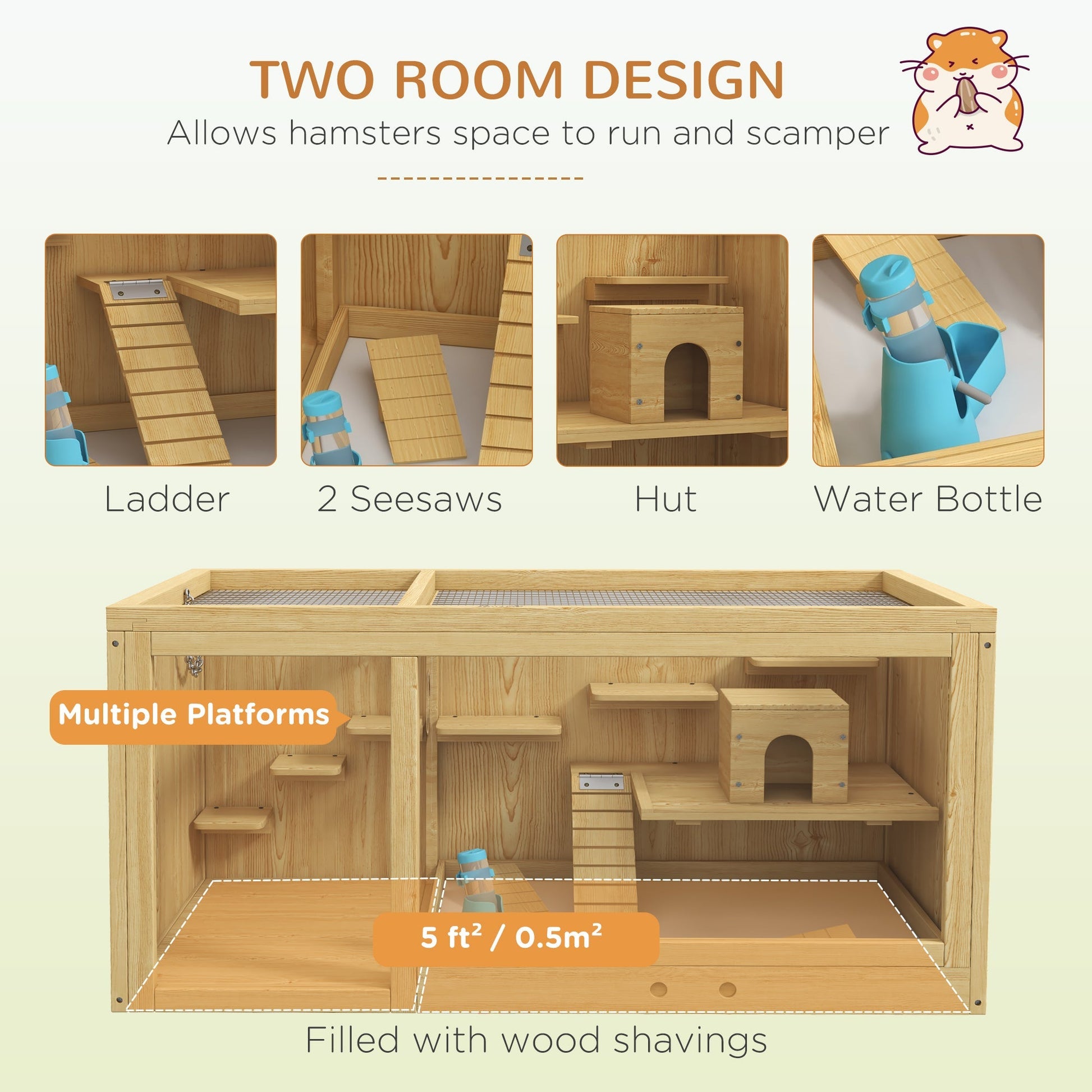 HKM-1303869 Extra Large Wooden Hamster Cage with Multi-Level Design, Ladder, Seesaws, and Pull-Out Tray