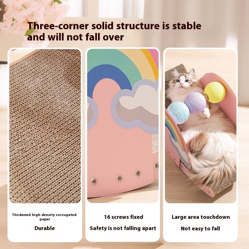 HKM-1306173 Rainbow Rocking Cat Scratch Board - Durable Corrugated Paper with Rope Ball, Pink