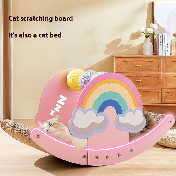 HKM-1306173 Rainbow Rocking Cat Scratch Board - Durable Corrugated Paper with Rope Ball, Pink