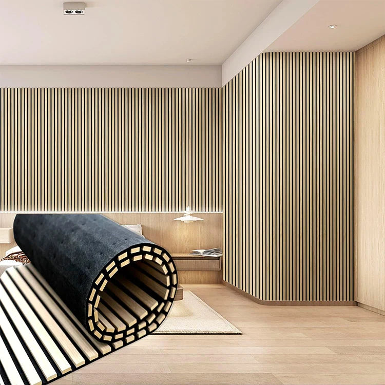 HKM-130899 Curved Wooden Acoustic Slat Panel for Walls and Ceilings, MDF and Polyester Fiber Construction