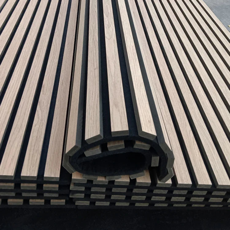 HKM-130899 Curved Wooden Acoustic Slat Panel for Walls and Ceilings, MDF and Polyester Fiber Construction