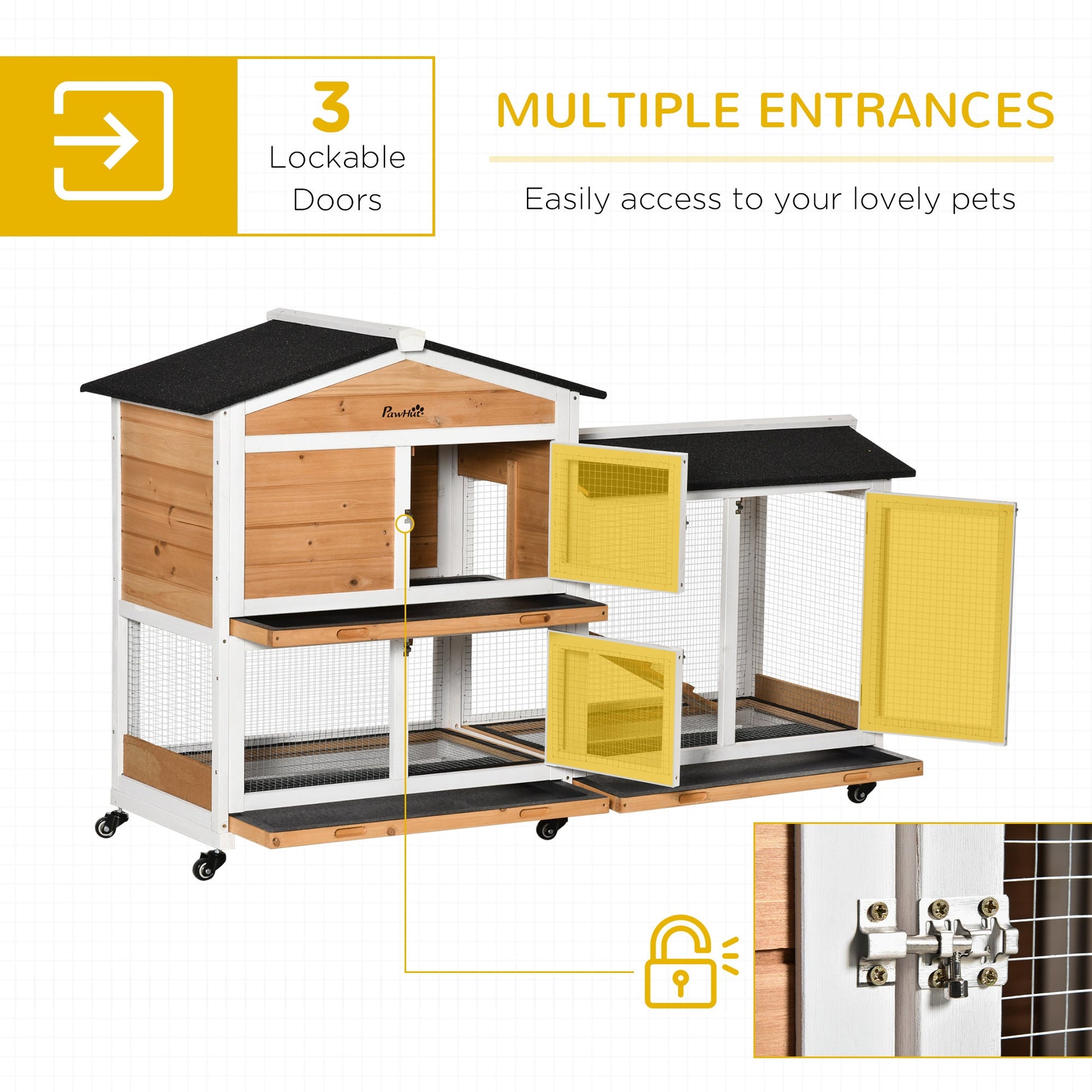 HKM-1309629 Wooden Mobile Rabbit Hutch with Wheels, Slide-Out Tray, Ramp, and Run Box - Yellow Finish