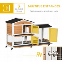 HKM-1309629 Wooden Mobile Rabbit Hutch with Wheels, Slide-Out Tray, Ramp, and Run Box - Yellow Finish