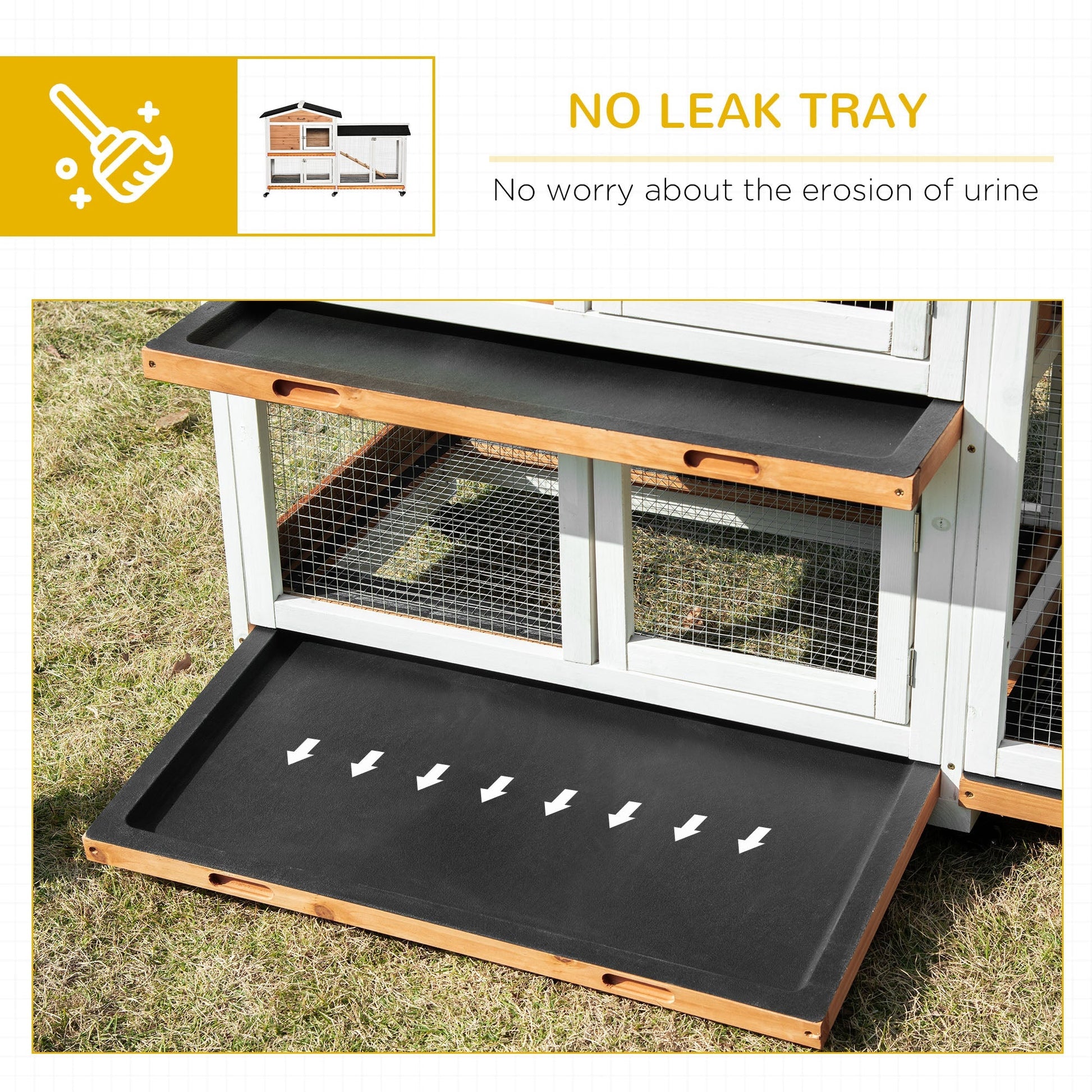 HKM-1309629 Wooden Mobile Rabbit Hutch with Wheels, Slide-Out Tray, Ramp, and Run Box - Yellow Finish