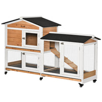 HKM-1309629 Wooden Mobile Rabbit Hutch with Wheels, Slide-Out Tray, Ramp, and Run Box - Yellow Finish