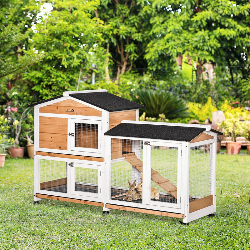 HKM-1309629 Wooden Mobile Rabbit Hutch with Wheels, Slide-Out Tray, Ramp, and Run Box - Yellow Finish